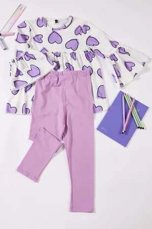 Trendyol Lilac Girl Seasonal-Thin Heart Patterned Cotton Knitted Bottom-Top Set