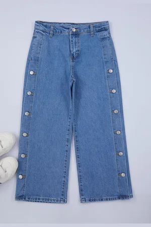 Trendyol Blue Girl Wide Leg Embroidered Cotton Denim Trousers