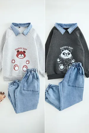 Trendyol Anthracite-Grey 4-Piece Boy Printed Cotton Knitted Bottom-Top Set