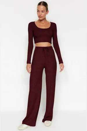 Trendyol Claret Red Soft Crop and Wide Leg/Wide Leg Knitted Bottom Top Set
