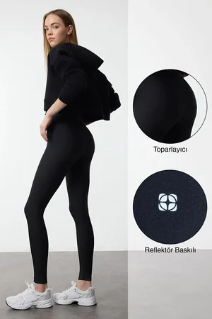 Trendyol Black Reflective Print Detailed Full Length Knitted Sports Tights