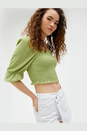 Koton Crop T-Shirt Gimped Balloon Sleeve Square Neck