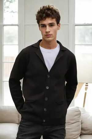 Dewberry 36916 Double Breasted Collar Mens Cardigan-BLACK