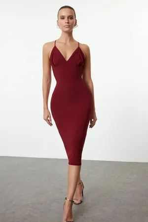 Trendyol Burgundy Fitted Knitted Elegant Evening Dress