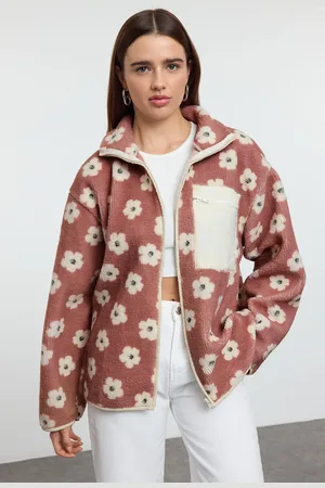 Trendyol Winter Essentials Floral Printed Thick Fleece Zipper Stand Collar Pocket Knitted Sweatshirt