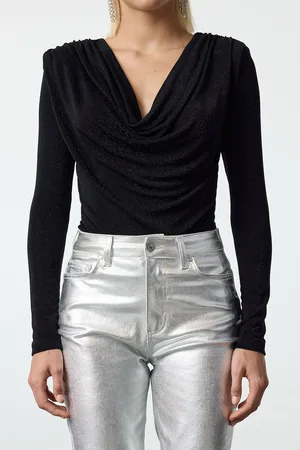 Trendyol Black Ruffle Collar Glitter Knitted Bodysuit