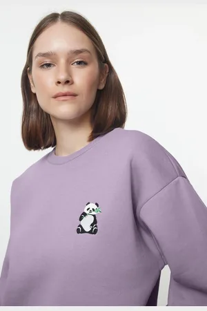 Trendyol Lila Animal Embroidered Regular/Normal Fit Thick Inside Fleece Knitted Sweatshirt