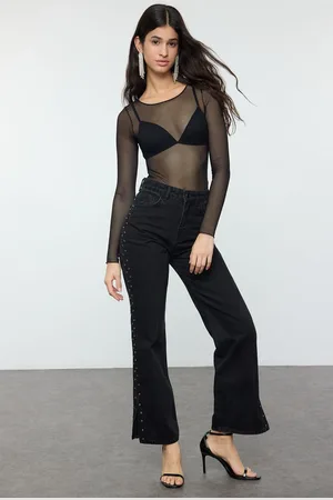 Trendyol Black Troc Detailed Slit High Waist Wide Leg Jeans