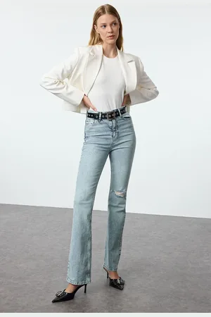 Trendyol Blue Ripped Detail High Waist Flare Jeans
