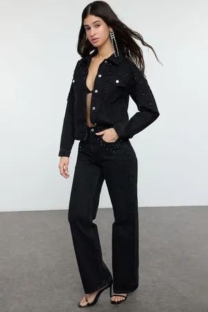 Trendyol Black Stone Pocket Detailed High Waist Wide Leg Jeans