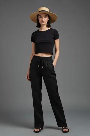 Trendyol Black Straight Cut Elastic Waist Laced Linen Look Trousers