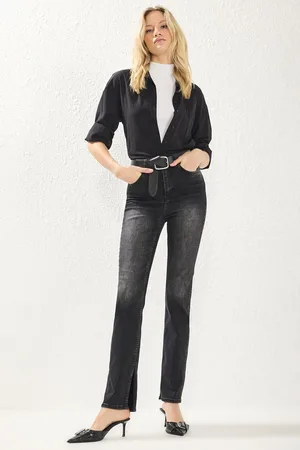 Trendyol Black Slit Super High Waist Slim Flare Jeans