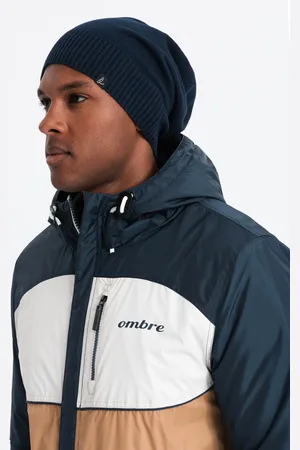 Ombre Clothing Męska czapka zimowa beanie z bawełnianej dzianiny – granatowa