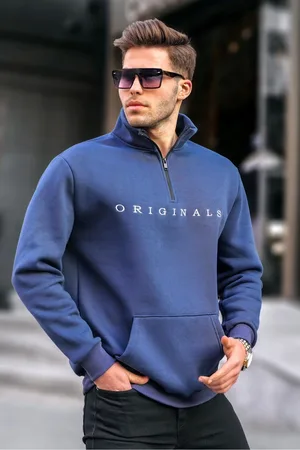 MADMEXT Navy Blue Zipper Collar Embroidered Sweatshirt 6028