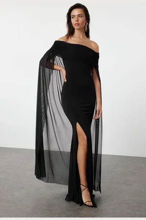 Trendyol Black Knitted Tulle Cape Detail Elegant Long Evening Dress