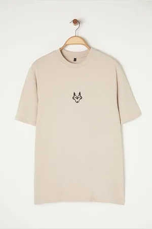 Trendyol Stone Regular/Normal Cut Wolf Embroidered 100% T-Shirt