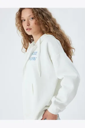 Koton Zippered Sweatshirt Hooded Oversize Kangaroo Pocket Slogan Printed Raised