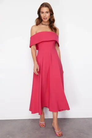 Trendyol Fuchsia Carmen Collar A-Cut Woven Chic Midi Evening Dress