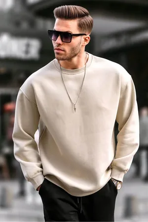 MADMEXT Beige Crew Neck Oversized Men