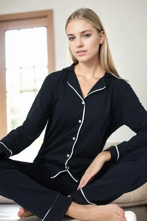 Dewberry 39374 Cotton Buttoned Women Pyjama Set-BLACK-WHITE