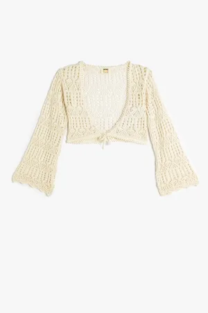 Koton Crop Openwork Cardigan V-Neck Long Sleeve