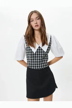 Koton Tweed Blouse Wide Baby Neck Short Balloon Sleeves Color Contrast
