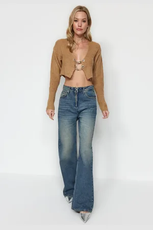 Trendyol Blue More Sustainable Faded Effect Vintage Zipper Detail High Waist Wide Leg Jeans