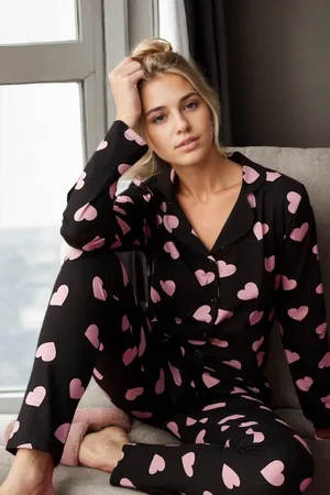 Dewberry 43103 Buttoned Women Pyjama Set-BLACK