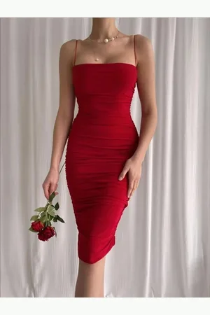 Dewberry 64500 Thin Strap Draped Midi Evening Dress-RED