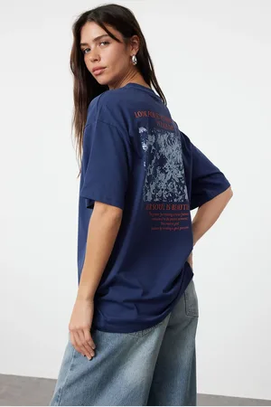 Trendyol Navy Blue 100% Cotton Front and Back Printed Oversize/Relaxed Cut Knitted T-Shirt