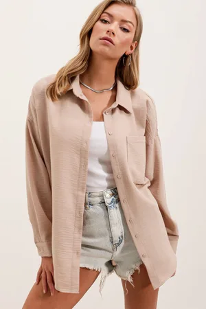 Bigdart 20153 Single Pocket Oversize Linen Shirt - Beige