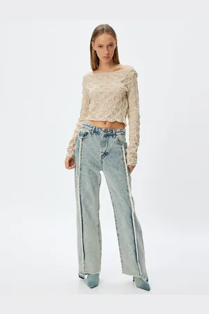 Koton Crop T-Shirt Long Sleeve Textured Boat Neck Burlesque