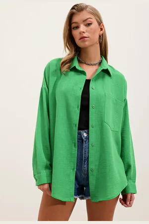 Bigdart 20153 Single Pocket Oversize Linen Shirt - Green