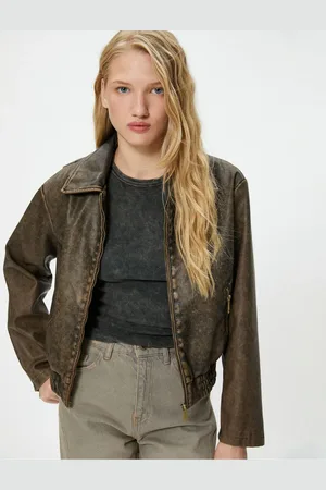 Koton Faux Leather Jacket Weathered Effect Zippered Shirt Collar