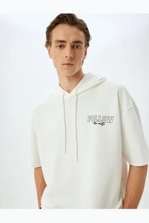Koton Sports Sweatshirt Oversize Hooded Slogan Printed Half Sleeve Cotton Blend