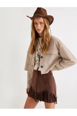 Koton Faux Suede Jacket Crop Flap Pocket Detail Buttoned Comfortable Fit