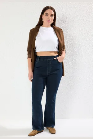 Trendyol Curve Dark Blue High Waisted Stitch Detailed Elastic Waist Flare Plus Size Jeans