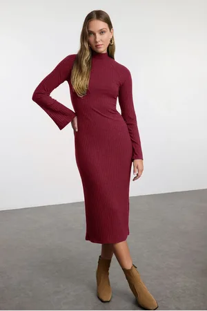 Trendyol Burgundy Straight Slit Midi Fitted/Fits Body Ribbed Stretch Knit Dress