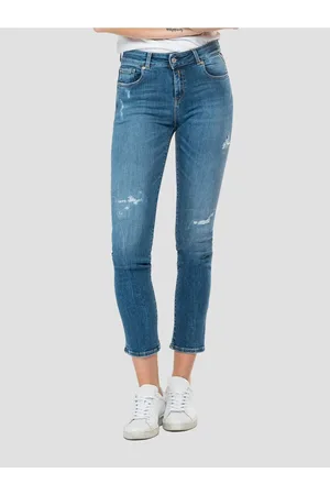 Replay Modré dámské zkrácené slim fit džíny s potrhaným efektem - Dámské