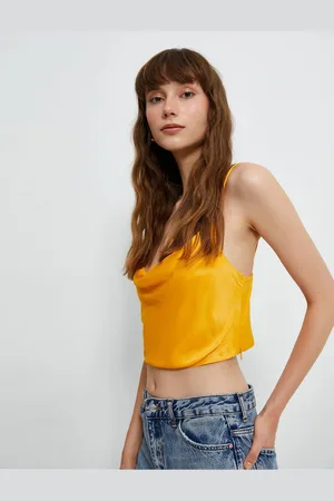 Koton Crop Satin Blouse With Thin Straps, Plunger Collar