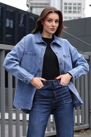 Bigdart 0694 Double Pocket Oversize Denim Jacket - Navy Blue