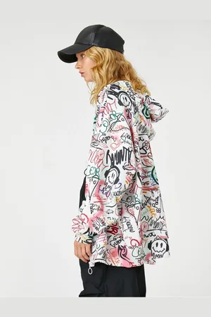 Koton Zippered Oversize Sweatshirt Graffiti Printed With Fleece Inside