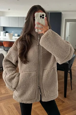 MADMEXT Brown High Neck Pocketed Plush Coat