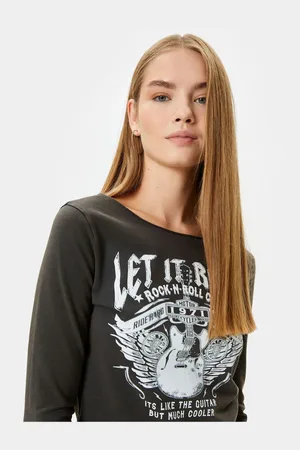 Koton Music Theme Printed Round Neck Long Sleeve T-Shirt Cotton