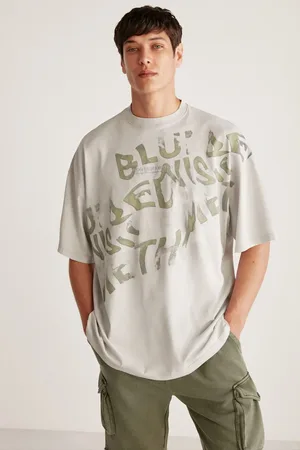 Grimelange Bowie Oversize Fit Print Detail Round Neck Short Sleeve Light Grey T-shirt