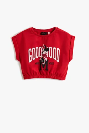 Koton Minnie Mouse Crop T-Shirt with Printed Licensed Short Sleeves, Elastic Waist Crew Neck.