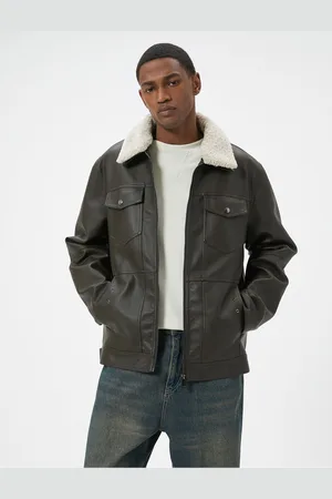 Koton Faux Leather Jacket Fur Collar Pocket Zipper Lined Slim Fit