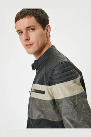 Koton Faux Leather Jacket Color Block Stand Collar Zippered Pocket Slim Fit
