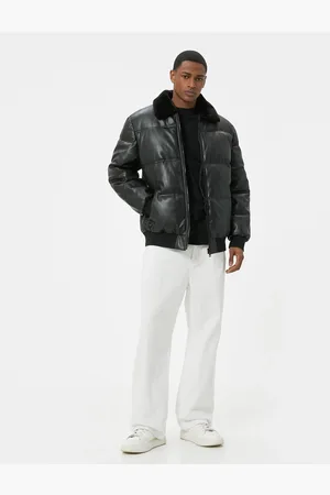 Koton Faux Leather Puffer Jacket with Fur Collar and Pocket