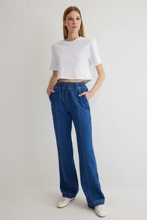 Trendyol Blue Stitch Detailed Elastic Waist High Waist Wide Leg Jeans